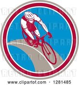 Vector Clip Art of Retro Male Cyclist in a Taupe Maroon White and Blue Circle by Patrimonio