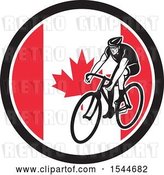 Vector Clip Art of Retro Male Cyclist Riding a Bicycle in a Canadian Flag Circle by Patrimonio