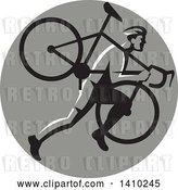 Vector Clip Art of Retro Male Cyclocross Athlete Running and Carrying Bicycle on His Shoulders in a Gray Circle by Patrimonio