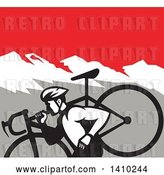 Vector Clip Art of Retro Male Cyclocross Athlete Running and Carrying Bicycle on His Shoulders in the Mountains by Patrimonio