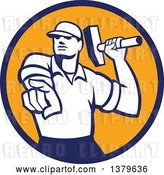 Vector Clip Art of Retro Male Demolition Worker Holding a Sledgehammer and Pointing in a Blue and Orange Circle by Patrimonio