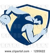 Vector Clip Art of Retro Male Discus Thrower Emerging from a Blue White and Yellow Shield by Patrimonio