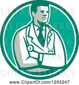 Vector Clip Art of Retro Male Doctor or Veterinarian with Folded Arms in a Green and White Circle by Patrimonio