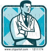 Vector Clip Art of Retro Male Doctor Standing with Folded Arms over a Square by Patrimonio