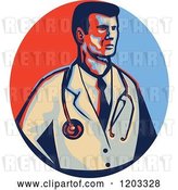Vector Clip Art of Retro Male Doctor with a Stethoscope over a Red and Blue Circle by Patrimonio