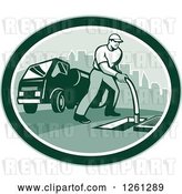 Vector Clip Art of Retro Male Drain Cleaner Worker Guy in a Green Oval by Patrimonio