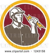 Vector Clip Art of Retro Male Electrician Holding a Bolt in a Red and Yellow Circle by Patrimonio