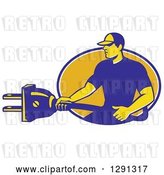 Vector Clip Art of Retro Male Electrician Holding a Giant Plug and Emerging from a Blue White and Yellow Oval by Patrimonio