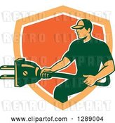 Vector Clip Art of Retro Male Electrician Holding a Giant Plug in an Orange and White Shield by Patrimonio