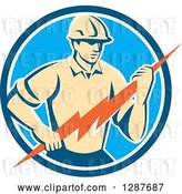 Vector Clip Art of Retro Male Electrician Holding a Lightning Bolt in a Blue and White Circle by Patrimonio