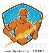 Vector Clip Art of Retro Male Electrician Holding a Lightning Bolt in a Brown White and Blue Sunshine Shield by Patrimonio