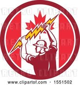 Vector Clip Art of Retro Male Electrician Holding a Lightning Bolt in a Canadian Flag Circle by Patrimonio