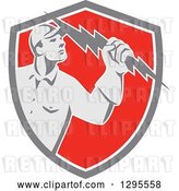 Vector Clip Art of Retro Male Electrician Holding a Lightning Bolt in a Gray White and Red Shield by Patrimonio