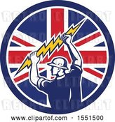 Vector Clip Art of Retro Male Electrician Holding a Lightning Bolt in a Union Jack Flag Circle by Patrimonio