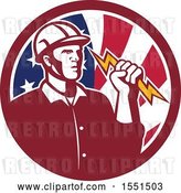 Vector Clip Art of Retro Male Electrician Holding a Lightning Bolt in an American Flag Circle by Patrimonio