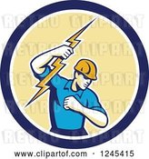 Vector Clip Art of Retro Male Electrician Holding up a Bolt in a Blue and Yellow Circle by Patrimonio