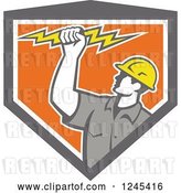 Vector Clip Art of Retro Male Electrician Holding up a Bolt in a Gray and Orang Shield by Patrimonio