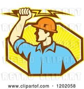 Vector Clip Art of Retro Male Electrician Holdnig a Bolt over an Octagon of Orange Rays by Patrimonio