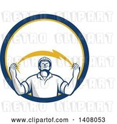 Vector Clip Art of Retro Male Electrician Looking up and Holding a Spanning Lightning Bolt in a Blue Yellow and White Circle by Patrimonio