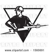 Vector Clip Art of Retro Male Electrician Pulling a Lightning Bolt in a Triangle by Patrimonio