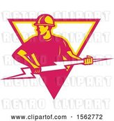 Vector Clip Art of Retro Male Electrician Pulling a Lightning Bolt in a White Yellow and Pink Triangle by Patrimonio