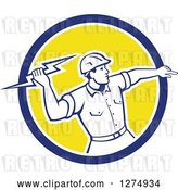 Vector Clip Art of Retro Male Electrician Throwing a Lightning Bolt in a Blue White and Yellow Circle by Patrimonio