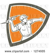 Vector Clip Art of Retro Male Electrician Throwing a Lightning Bolt in a Brown White and Orange Shield by Patrimonio