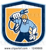 Vector Clip Art of Retro Male Electrician with a Cord in a Blue and Orange Shield by Patrimonio