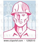 Vector Clip Art of Retro Male Engineer Wearing a Hardhat over Power Pylons and Buildings by Patrimonio