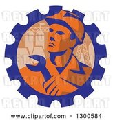 Vector Clip Art of Retro Male Engineer Worker Holding a Wrench over Pylons in a Gear Cog by Patrimonio