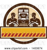 Vector Clip Art of Retro Male Engineer Workers with Folded Arms, Looking at Each Other by a Train in a Brown Circle by Patrimonio