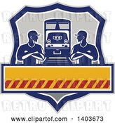 Vector Clip Art of Retro Male Engineer Workers with Folded Arms, Looking at Each Other by a Train in a Shield by Patrimonio