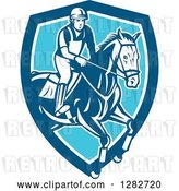 Vector Clip Art of Retro Male Equestrian Show Jumping a Horse in a Blue and White Shield by Patrimonio