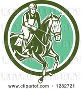 Vector Clip Art of Retro Male Equestrian Show Jumping a Horse in a Green and White Circle by Patrimonio