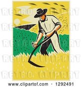 Vector Clip Art of Retro Male Famer Using a Scythe and Harvesting a Crop by Patrimonio