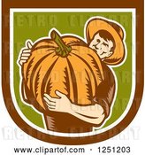 Vector Clip Art of Retro Male Farmer Carrying a Giant Pumpkin in a Brown White and Green Shield by Patrimonio