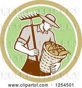 Vector Clip Art of Retro Male Farmer Carrying a Harvest Bushel Bucket and Rake in a Brown and Green Circle by Patrimonio
