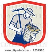 Vector Clip Art of Retro Male Farmer Carrying a Harvest Bushel Bucket and Rake in a Shield by Patrimonio