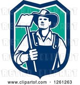Vector Clip Art of Retro Male Farmer Holding a Hoe in a Blue White and Turquoise Shield by Patrimonio