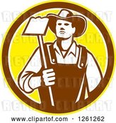 Vector Clip Art of Retro Male Farmer Holding a Hoe in a Yellow Brown and White Circle by Patrimonio