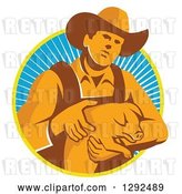 Vector Clip Art of Retro Male Farmer Holding a Piglet in a Yellow White and Blue Circle of Rays by Patrimonio