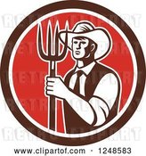 Vector Clip Art of Retro Male Farmer Holding a Pitchfork in a Red and Brown Circle by Patrimonio