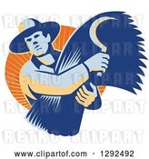 Vector Clip Art of Retro Male Farmer Holding a Scythe and Harvested Wheat in an Orange Circle of Sunshine by Patrimonio