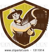 Vector Clip Art of Retro Male Farmer Holding a Scythe and Harvested Wheat in Brown and Green Shield by Patrimonio