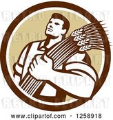 Vector Clip Art of Retro Male Farmer Holding Wheat in a Brown and White Circle by Patrimonio