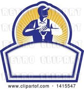 Vector Clip Art of Retro Male Farmer Leaning on a Shovel, Looking to the Side in a Sun Burst Shield by Patrimonio