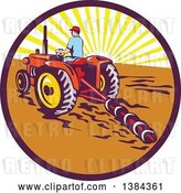 Vector Clip Art of Retro Male Farmer Operating a Tractor and Plow in a Sunrise Circle by Patrimonio