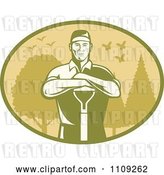 Vector Clip Art of Retro Male Farmer or Gardener Leaning on a Shovel in an Oval of Trees Birds and Butterflies by Patrimonio