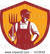Vector Clip Art of Retro Male Farmer or Worker Standing with One Hand in His Pocket and One Hand Holding a Pitchfork in a Red and Orange Shield by Patrimonio