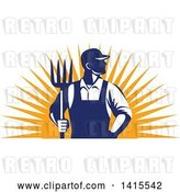 Vector Clip Art of Retro Male Farmer or Worker Standing with One Hand in His Pocket and One Hand Holding a Pitchfork over an Orange Sun Burst by Patrimonio